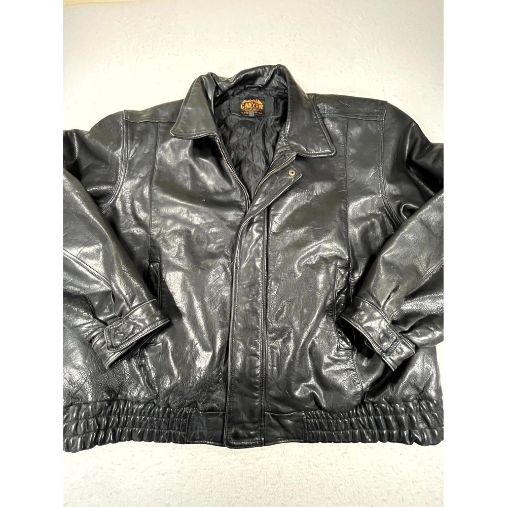 Vintage Canyon Outback Bomber Jacket Mens 2XL Black Leather Full Zip Cuffs Hem